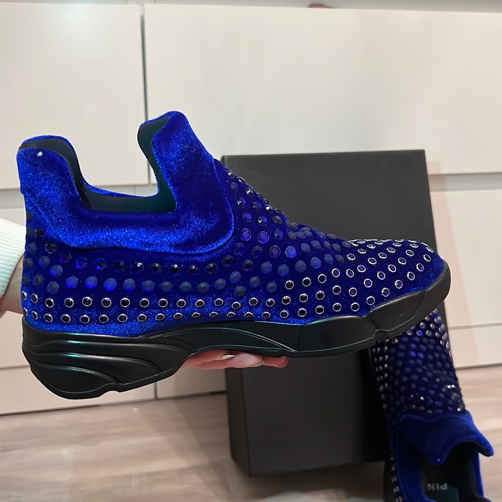 royal blue velvet pinko sneakers with rhinestones